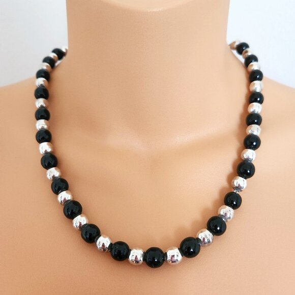 VINTAGE TAXCO? 925 STERLING SILVER PEARLS AND ONYX NECKLACE TESTED - Picture 1 of 6